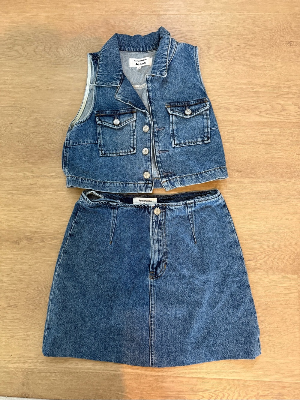 Reformation Blue Denim Vest and Skirt Set